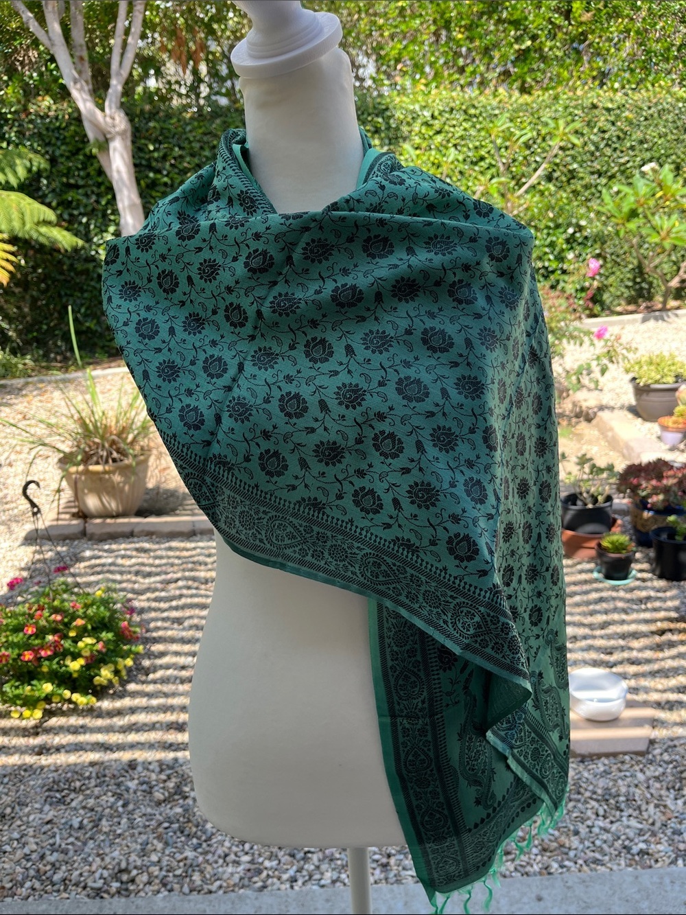 NWOT Silk India Teal Wrap Scarf Flowy with Fringe - Picture 4 of 10